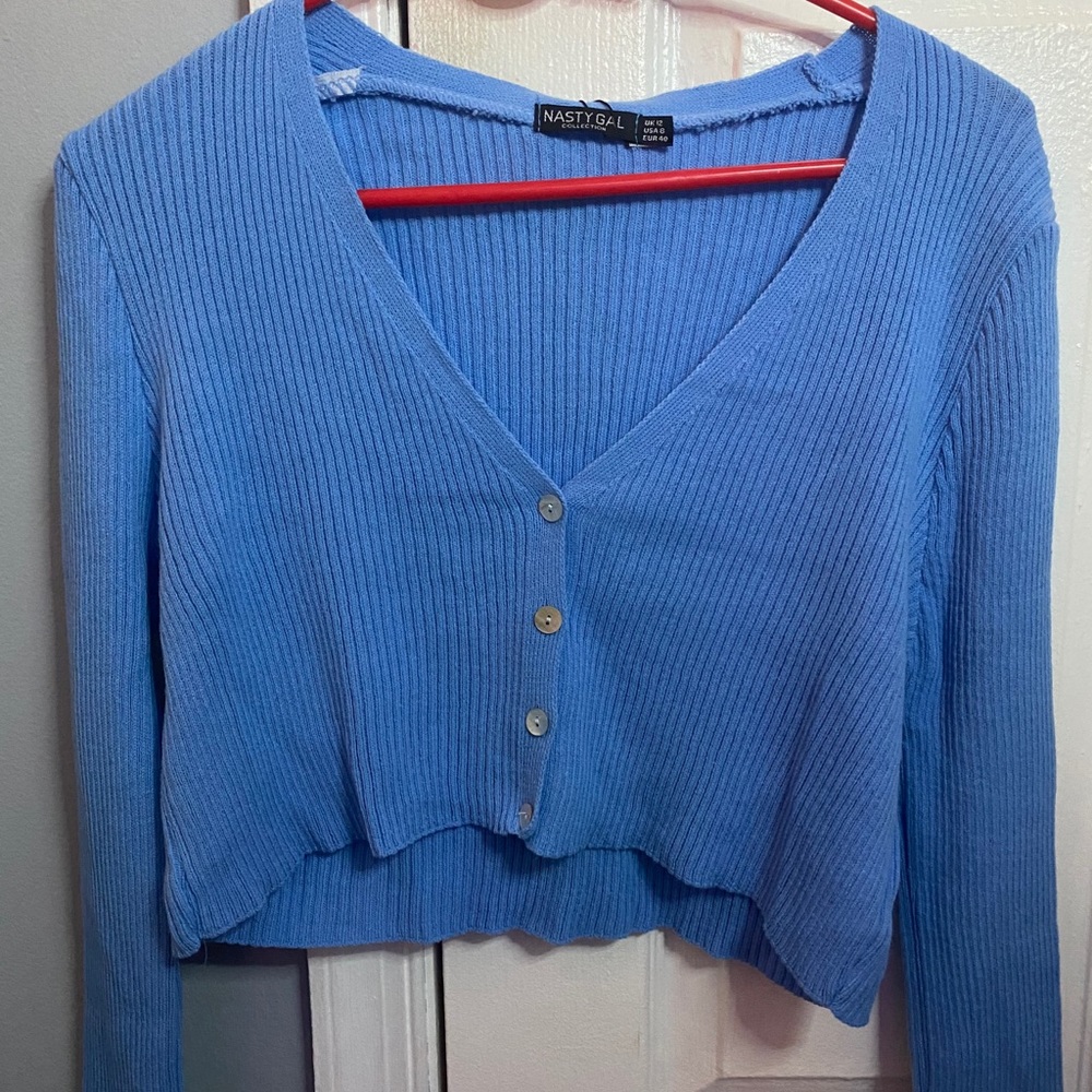 Blue button down V-neck long sleeve shirt